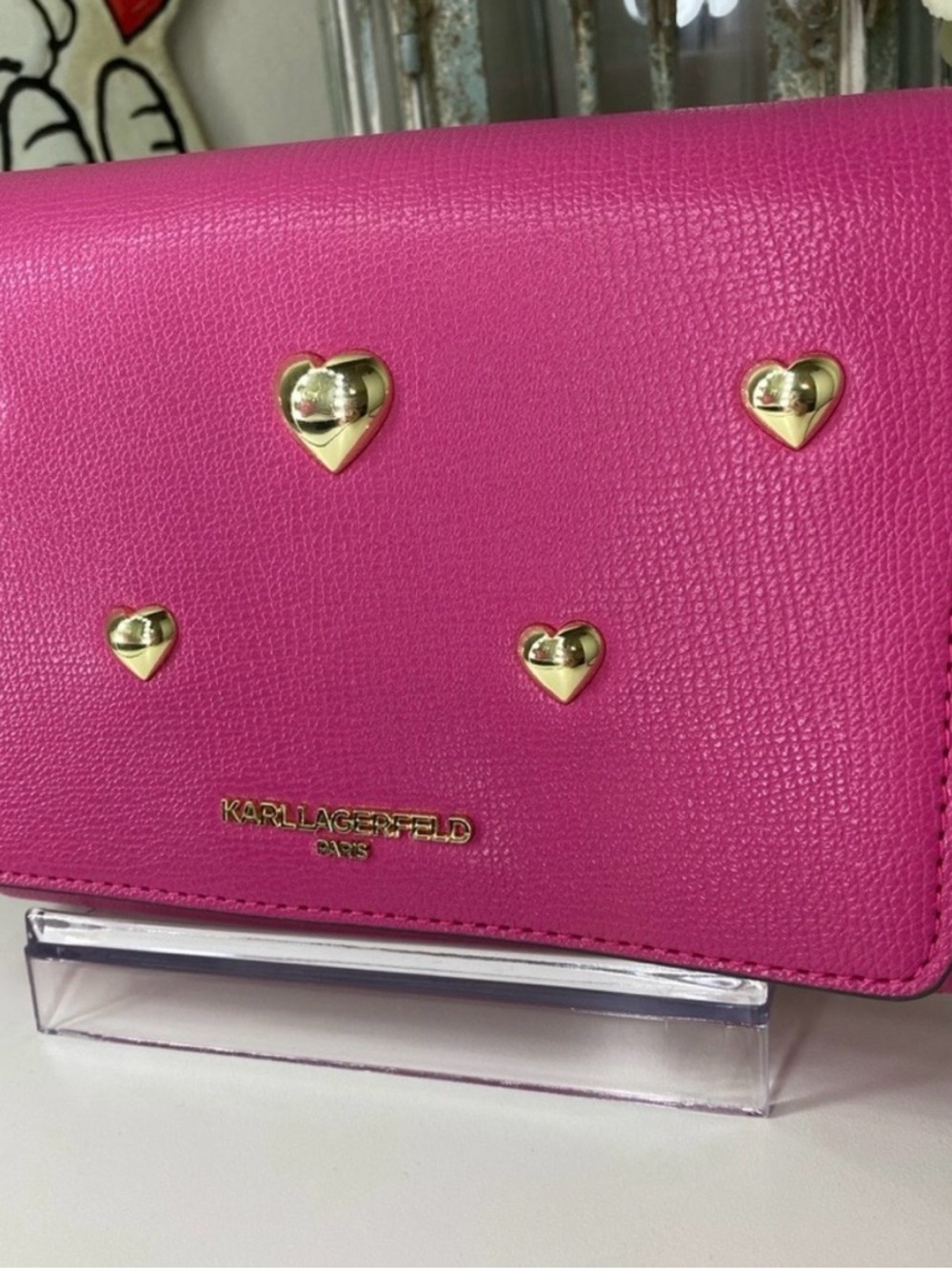 LOW START NWT Karl Lagerfeld Fuchsia Heart Stud Leather Crossbody - Picture 2 of 11